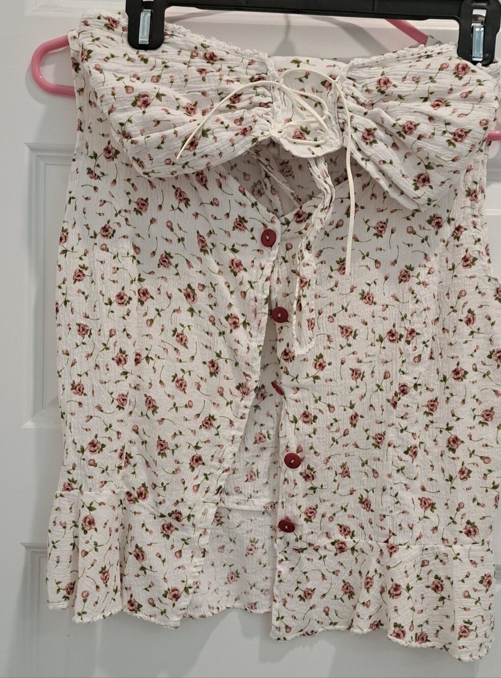 Floral Tie-Front Cotton Blend Tank Top - White with Rose Print,matching Bandeau